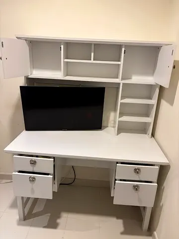 White Study Desk with Overhead Shelves and Drawers
