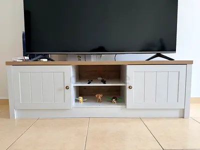 White wooden TV cabinet / entertainment unit with storage