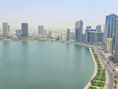 Two-bedroom apartment in Al Majaz 3 with free AC and parking, sea view, maid room, 4 bathrooms and balcony, AED 75,000 yearly.