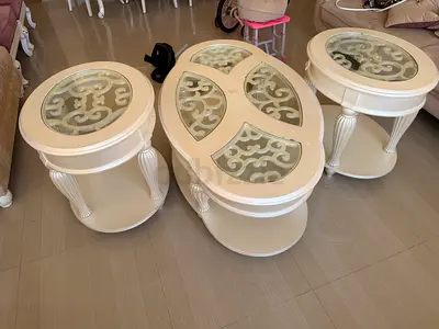 Set of 3 Cream Ornate Coffee and Side Tables with Glass Insets