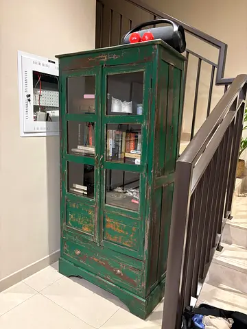 Vintage Green Wooden Glass-Front Cabinet with Drawer
