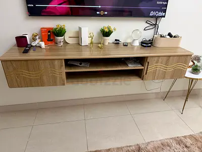 Wall-mounted wooden TV console / entertainment unit - light oak finish