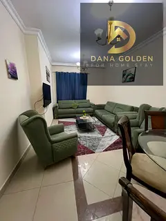 Three-bedroom apartment with a living room available in Sharjah, Al Taawun area. Fully furnished wit