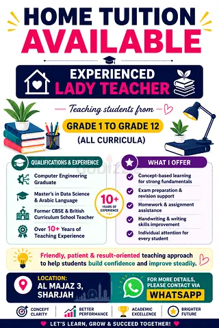 HOME TUITION AVAILABLE – Math | Science | Physics | Chemistry | Biology | English | Arabic