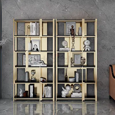 Luxury stainless steel metal office modern storage shelf, antique display shelf, gold bookcase, wrou