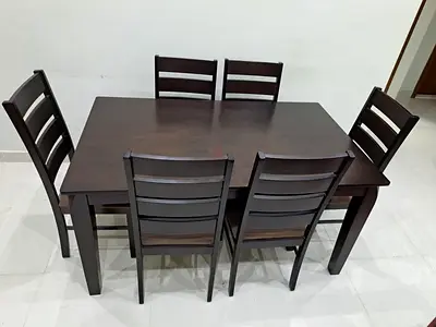 Solid Wood 6 Seater Dining Table with Chairs - Dark Finish