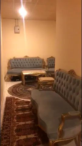 Vintage blue velvet living room sofa set with matching chairs and 2 small coffee table