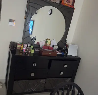 Black Wooden Dresser with Round Mirror - 6 Drawers