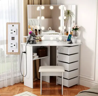 White Makeup Vanity Table with Lighted Mirror and Stool - 5 Rotating Drawers