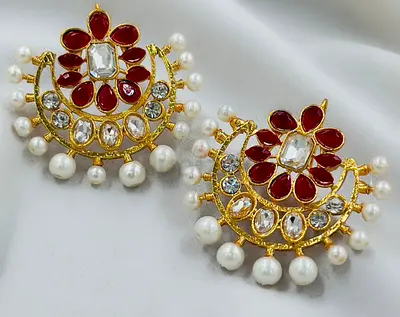 Gold-tone Red Floral Chandbali Earrings with Pearls