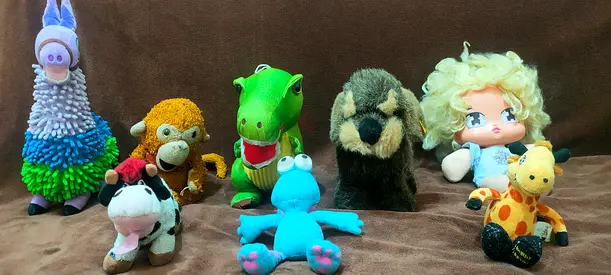 Lot of 8 Soft Plush Toys - Mixed Animals and Doll, Good Used Condition