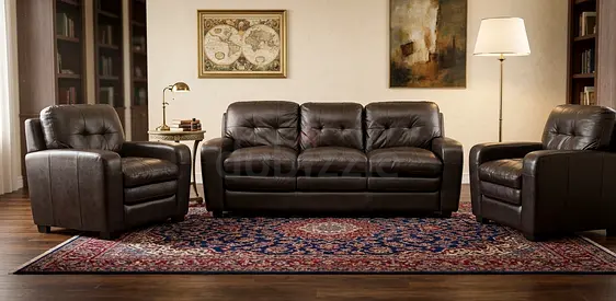 Dark Brown Leather 3-Seater Sofa with Two Matching Armchairs - Good Condition