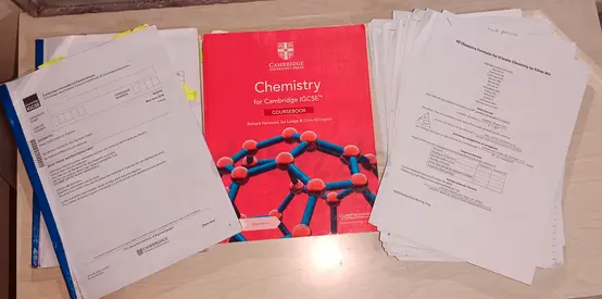 Cambridge IGCSE Chemistry coursebook, handmade notes and past papers (2016-2025)
