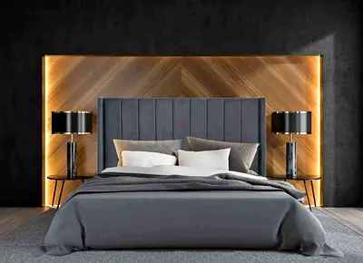 Modern King Bed with Padded Headboard and Integrated Backlit Wood Panel