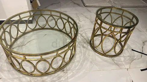 Set of 2 Gold Glass Coffee  Side Tables - Circular Metal Frame