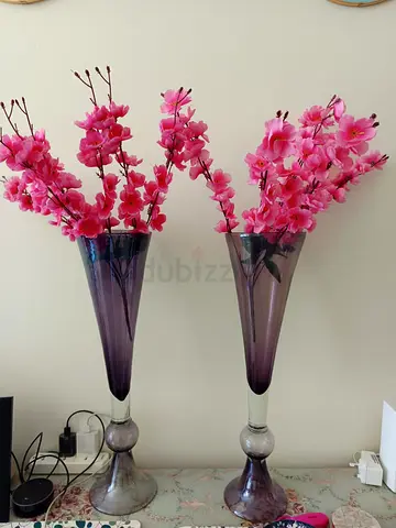 Pair of Tall Purple Glass Vases with Artificial Pink Blossoms