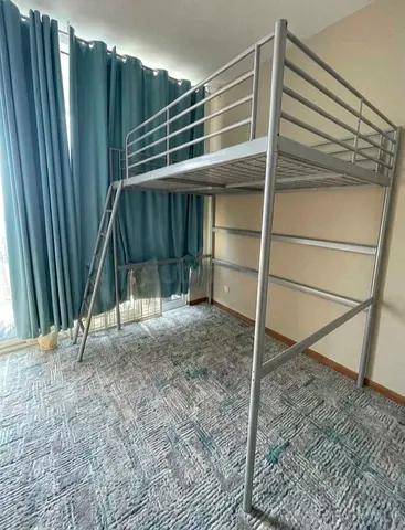 Silver Metal Loft Bed with Ladder - queen Size, Sturdy Frame