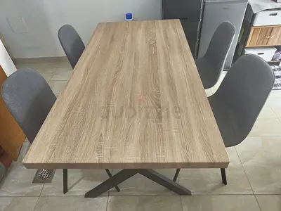 Wooden Dining Table with 4 Grey Fabric Chairs - Good Condition