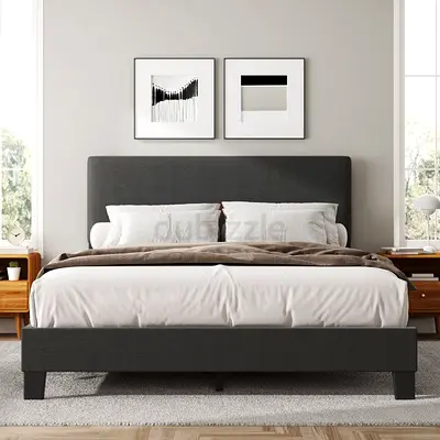 Dark Grey Fabric Double Bed with Headboard - Good Condition