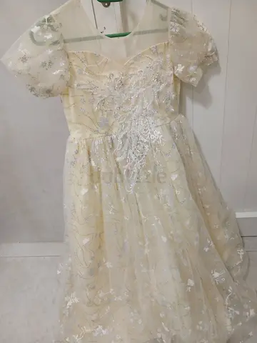 Ivory embroidered formal gown with puff sleeves - size unknown