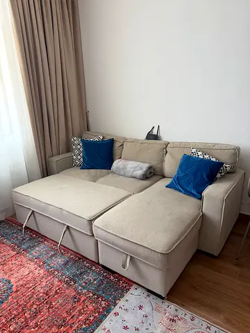 Light Beige Modular Corner Sofa with Cushions - Good Condition