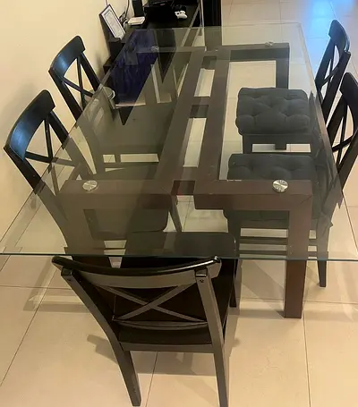Glass Top Dining Table with 6 Wooden Chairs - Dark Brown