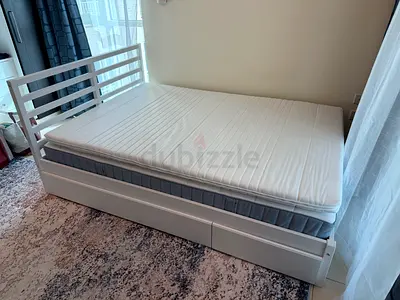 White bed from IKEA with Trundle and Storage Drawers, Mattress + topper - Good Condition