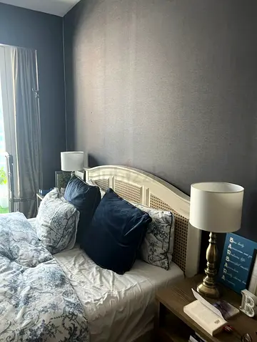 Free IKEA White Wooden King Bed with Woven Headboard - Good Condition plus two end tables