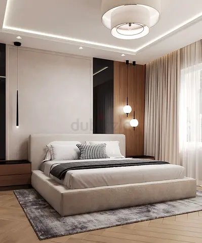 Neutral Low-Profile Platform Bed with Headboard