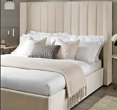 Upholstered Double Bed with Tall Padded Headboard - Beige