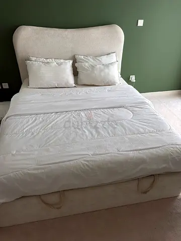 Beige Upholstered Double Bed with Headboard (Good Condition) . Bed with storage