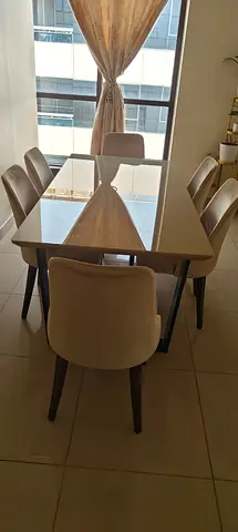 Wooden Dining Table with 6 Upholstered Chairs - Good Condition