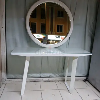 White Console Table with Round Mirror - Modern Entryway Table