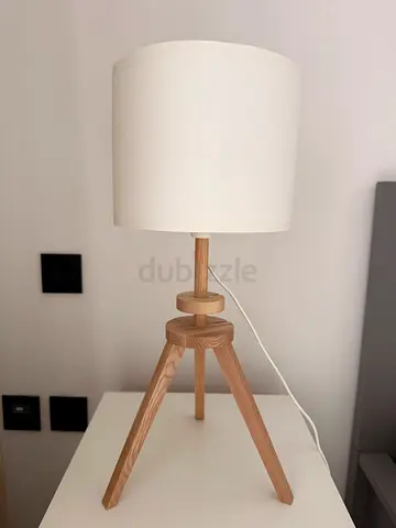 Wooden Tripod Table Lamp with White Fabric Shade