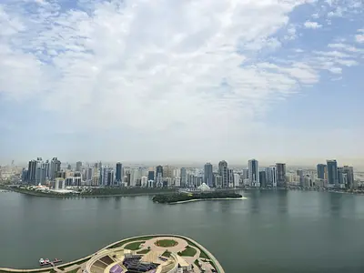 Two-bedroom apartment in Al Majaz 3 with free AC and parking, sea view, maid room, 4 bathrooms and balcony, AED 75,000 yearly.