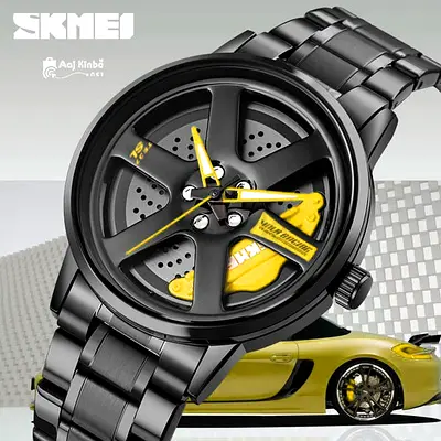SKMEI 1787 Black Stainless Steel Mens Watch with Yellow Accent - Sporty Automotive Design