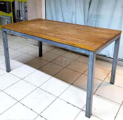 Solid Wood Top Industrial Dining Table - 6 Seater