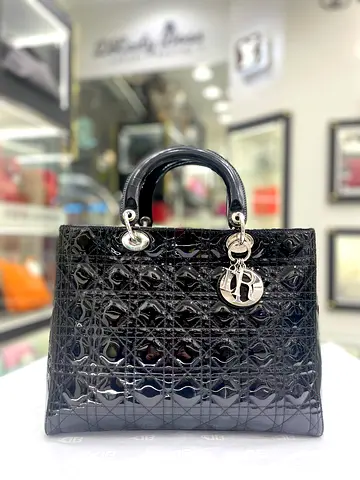 Christian Dior Black Large Patent Lady Dior Tote Bag (Authentic/PreOwned)