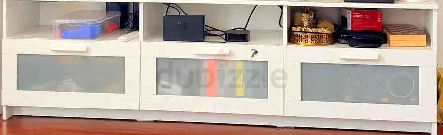 Low White TV/Media Unit with Frosted Glass Drawers - 3 Compartments