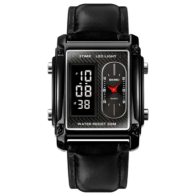 SKMEI 1868 Dual Display Quartz Mens Watch - Black Leather Strap