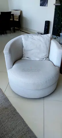 Round Beige Fabric Swivel Accent Chair - Good Condition
