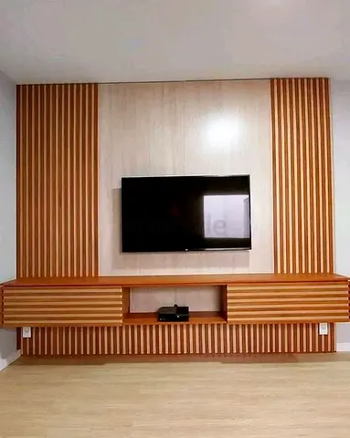 Wall-mounted TV Entertainment Unit with Wood Slat Feature