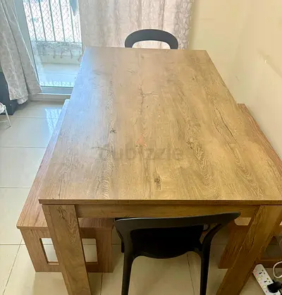 Solid Wood-Effect Dining Table with Bench (Seats 6) - Good Condition