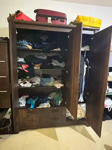 Dark Wood 3-Door Wardrobe / Armoire with Drawers - Good Condition
