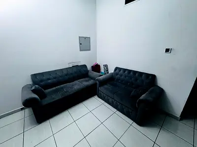 Dark grey 2-piece sofa set — 3-seater and 2-seater, good condition