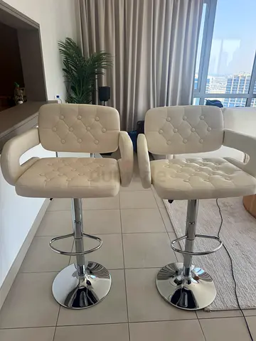 Set of 2 Adjustable White Padded Bar Stools with Chrome Base