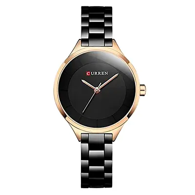 Curren 9015L Black  Rose Gold Slim Womens Watch - Stainless Steel Bracelet
