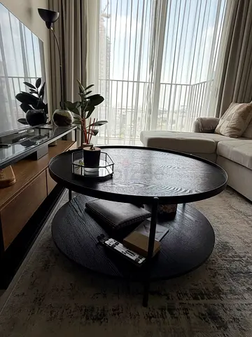 Round Black Two-Tier Coffee Table - Wooden Top with Metal Frame
