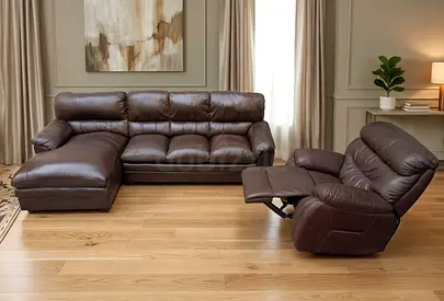 Brown Leather L-Shaped Sofa with Recliner - Comfortable 3-Seater Sectional