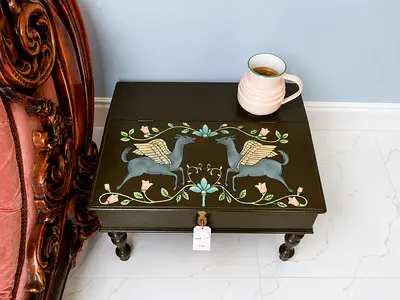 Hand-Painted Vintage Accent Table with Mythical Winged Horses